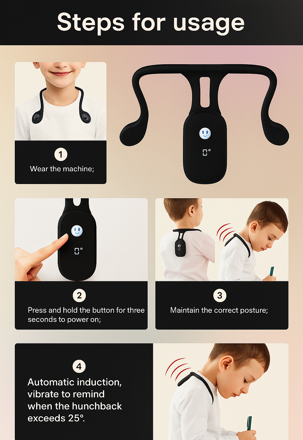 Smart Vibration Posture Corrector – For Kids (4+) & Adults | Real-Time Slouch Reminder, USB Rechargeable